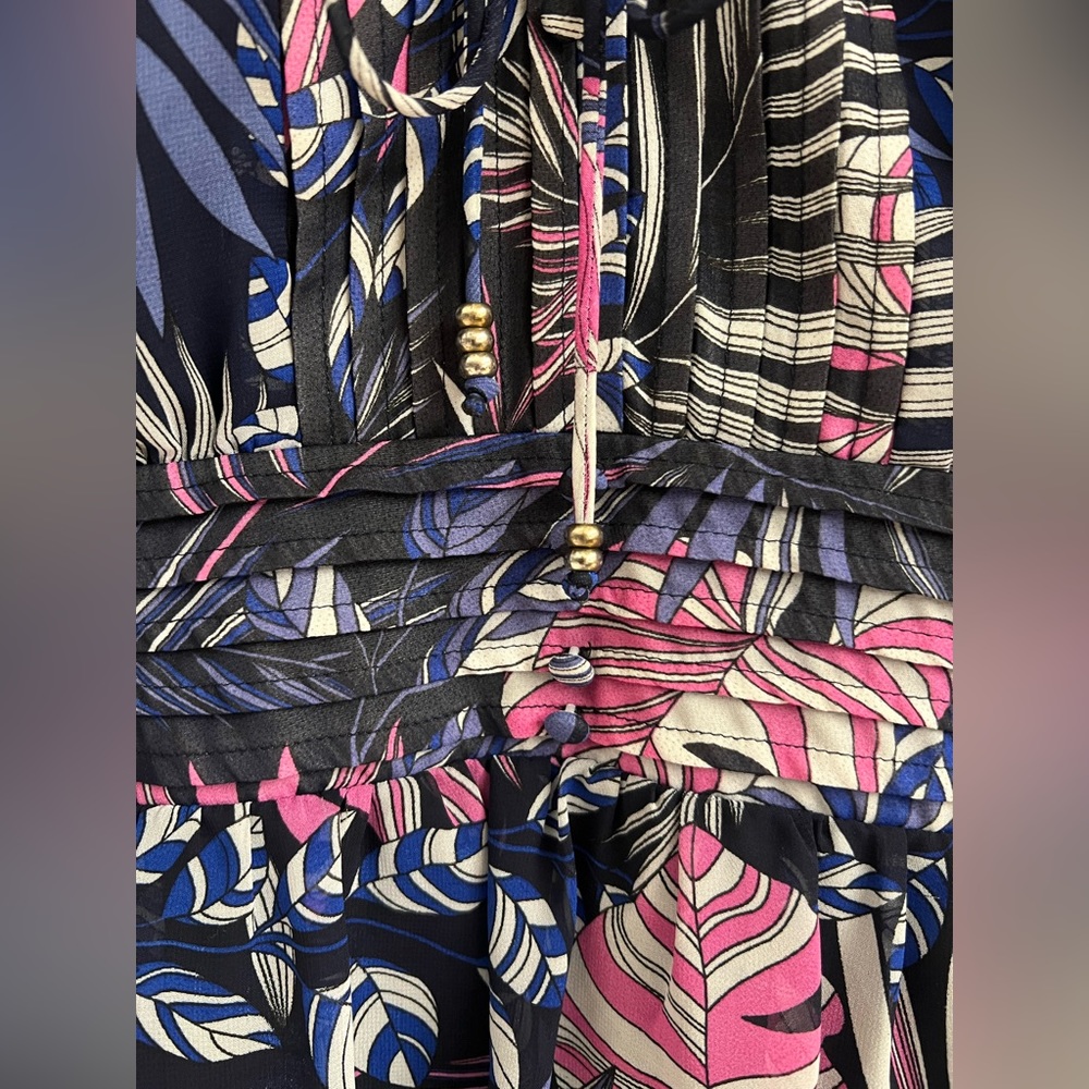 SAM EDELMAN Size 8 Tropical Flowy Lined Mini Dress Resort Wear Long Sheer Sleeve - Picture 5 of 13